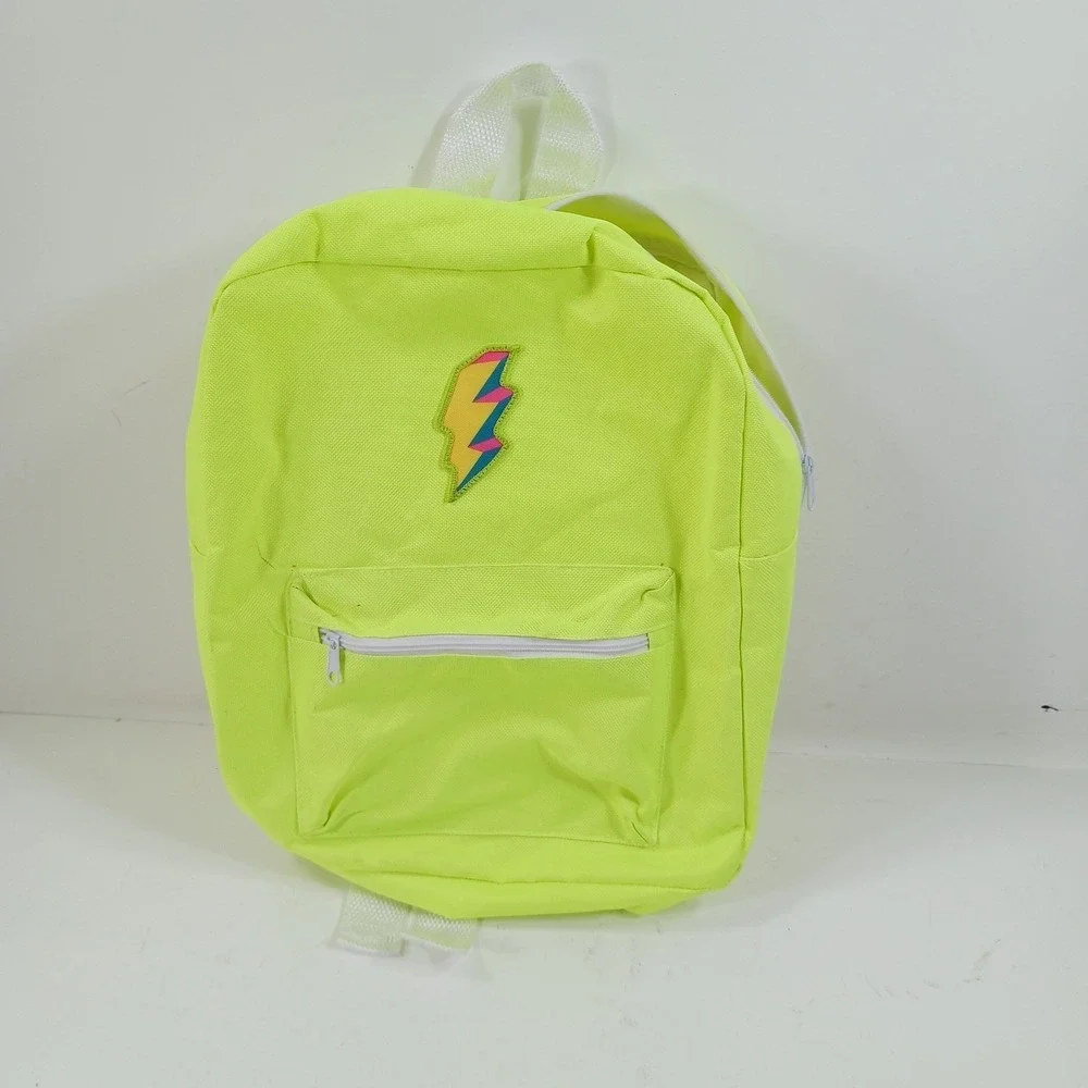 Neon Yellow Canvas Backpack with Lightning Bolt Patch and White Straps